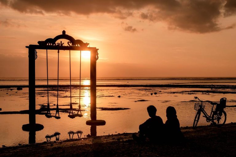 Aerial shot of Gili Trawangan’s reefs and white-sand coastline