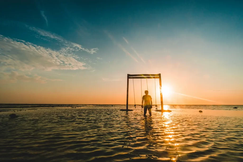 Sunset view with ocean swing in Gili Islands Lombok Indonesia